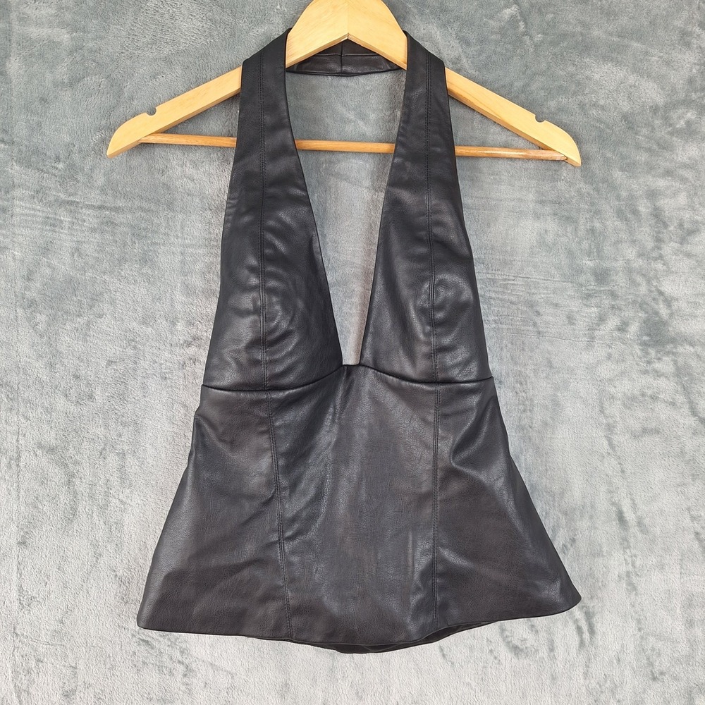 Zara Top Medium Black Faux Leather Halter Biker Goth Grunge Y2K Edgy Punk Rock
